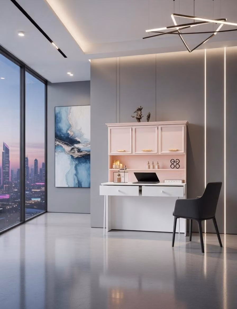 Scrivania con spazio contenitore e ripiani, nei colori rosa e bianco