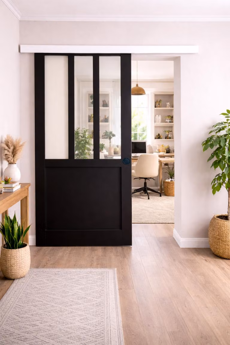 Porta scorrevole da officina nera H204 x L93 cm, binario in alluminio con fascia bianca, conchiglie nere GD MENUISERIES