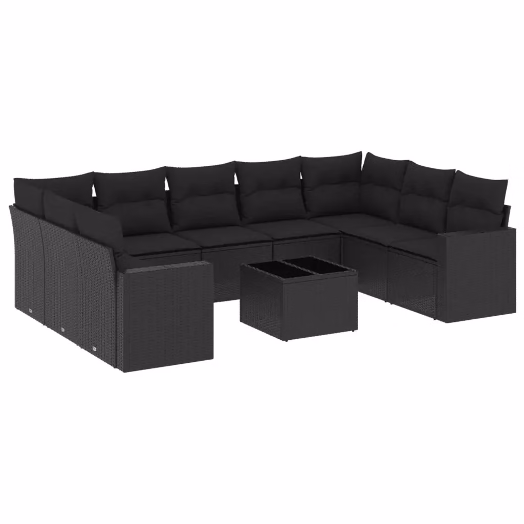 vidaXL Set Divani da Giardino a Forma di U in Polyrattan Nero con Cuscini e Tavolino da Esterno – 2