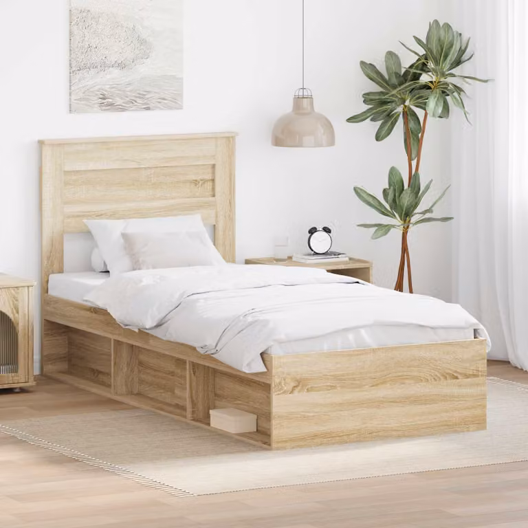 Struttura del letto moderna vidaXL in legno e MDF marrone con contenitore laterale L 100 x P 200 cm