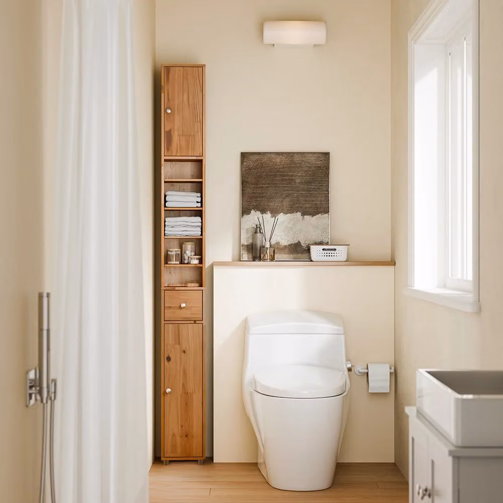 Colonna Salvaspazio SoBuy per Bagno e Corridoio, Armadietto Moderno in Legno e MDF con Ripiani Regolabili e Cassetto, Colore Marrone, L/P/H: 20 x 20 x 180 cm – 2