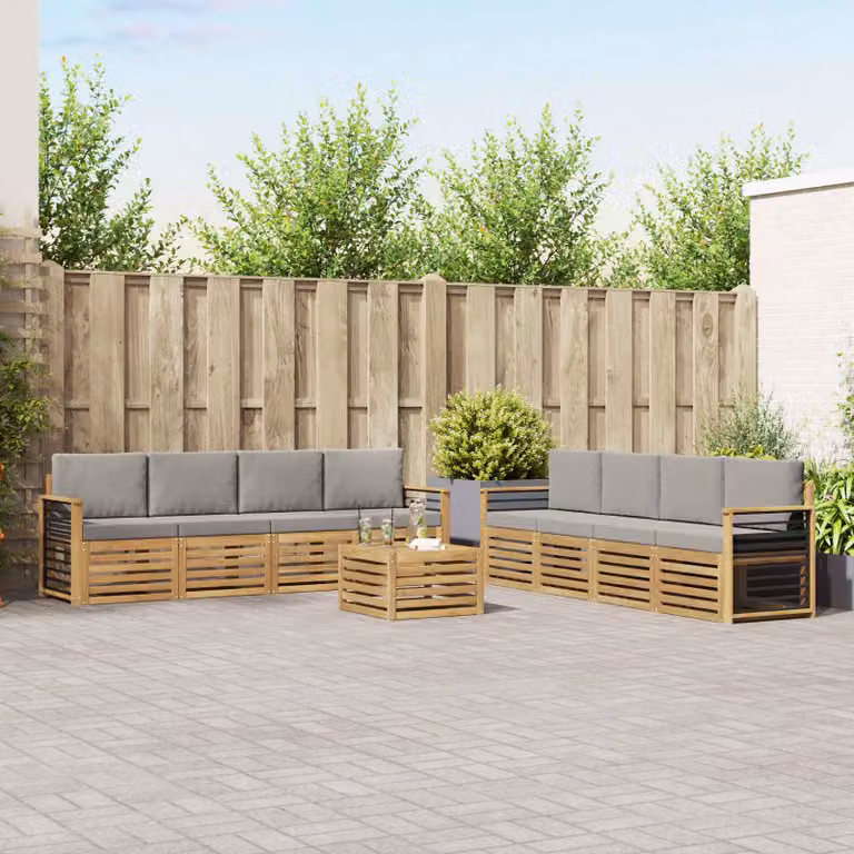 vidaXL Set di divani da esterno a L composto da 9 pezzi con tavolino, in legno di acacia e tessuto bianco e grigio