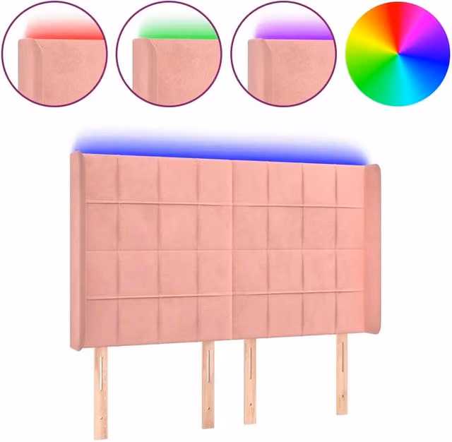 Testiera moderna in velluto rosa con illuminazione LED integrata e porta di ricarica USB, L: 147 cm, P: 16 cm, H: 118/128 cm – 1