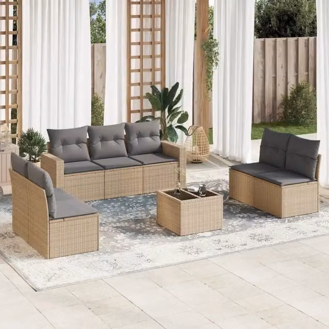 vidaXL Set Divano da Giardino 8 pz in Polyrattan con Cuscini Beige e Grigio per Esterno – 1
