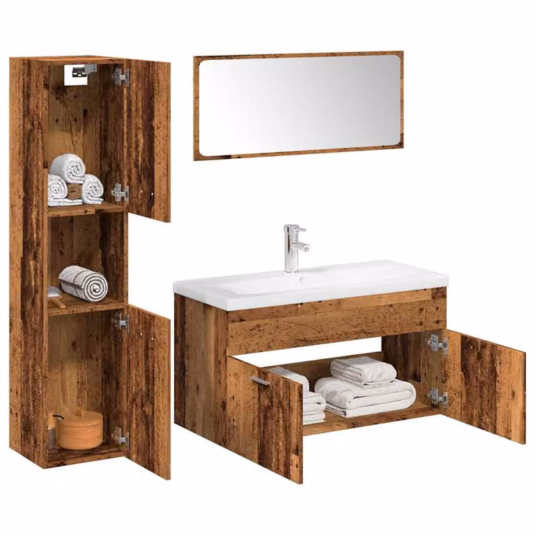 Set di mobili da bagno vidaXL 5 pezzi in legno antico marrone e bianco con vanità, pensili e specchio