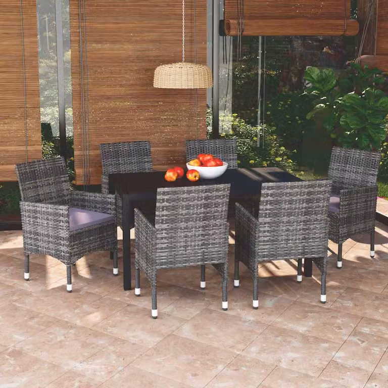 Set da pranzo per giardino e terrazzo vidaXL in polyrattan grigio e nero con 7 pezzi