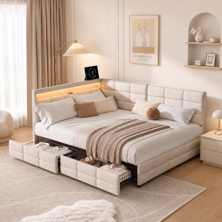 Letto imbottito INONEFT, 140 x 200 cm, letto matrimoniale, letto per adulti con rete a doghe e due cassetti, letto per bambini con LED e porta USB, tessuto in lino, color beige