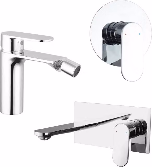 Set di miscelatori Kerry in ottone cromato: lavabo ad incasso, bidet senza scarico e doccia monocomando con tecnologia water saving