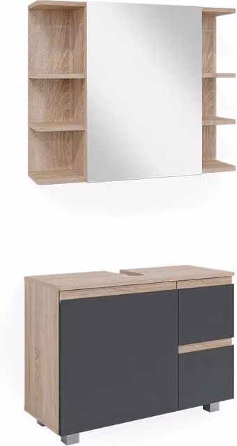 Set mobili bagno Vicco J-Shape Sonoma in 2 pezzi color beige opaco con base lavabo e pensile specchio – 1