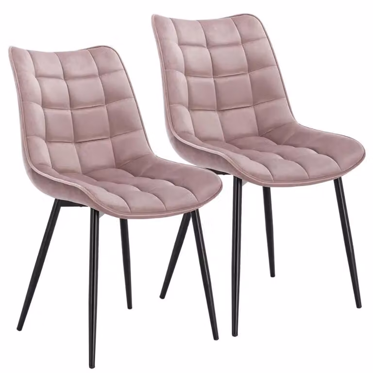 Sedie da pranzo, set da 2 - Sedia imbottita per la sala da pranzo - Rivestimento in velluto - Seduta imbottita - Gambe in metallo - Non girevole - Colore rosa