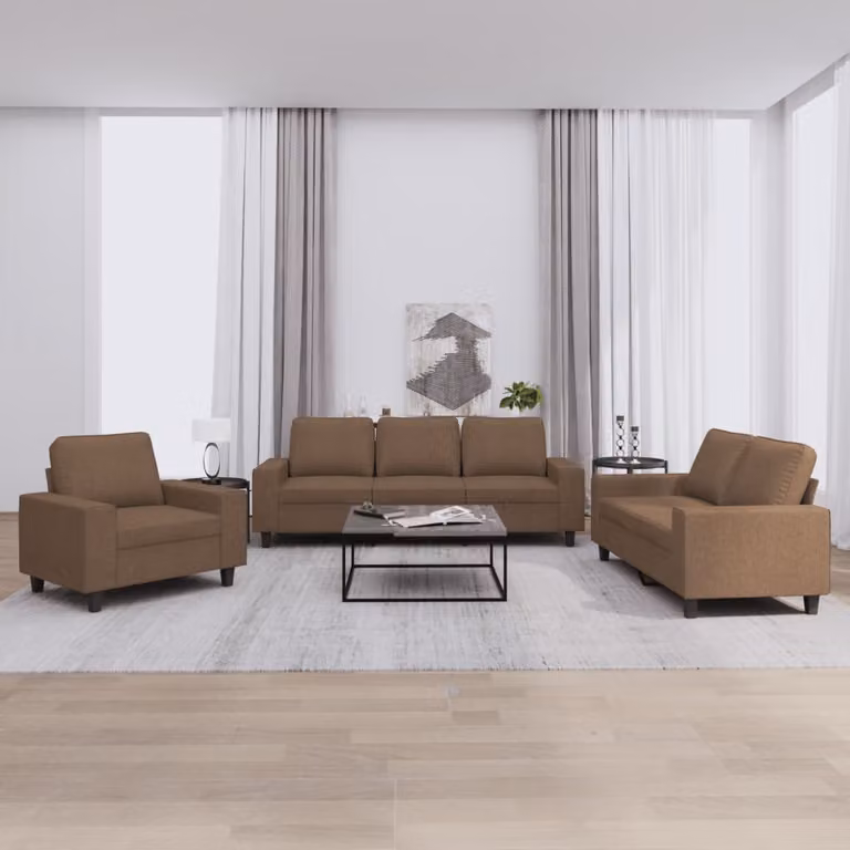 Set di divani 3 pezzi vidaXL in tessuto marrone per soggiorno con design moderno e cuscini inclusi