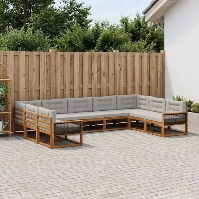 Set di divani da esterno a L vidaXL in legno di acacia con 9 pezzi, beige e grigio – 1