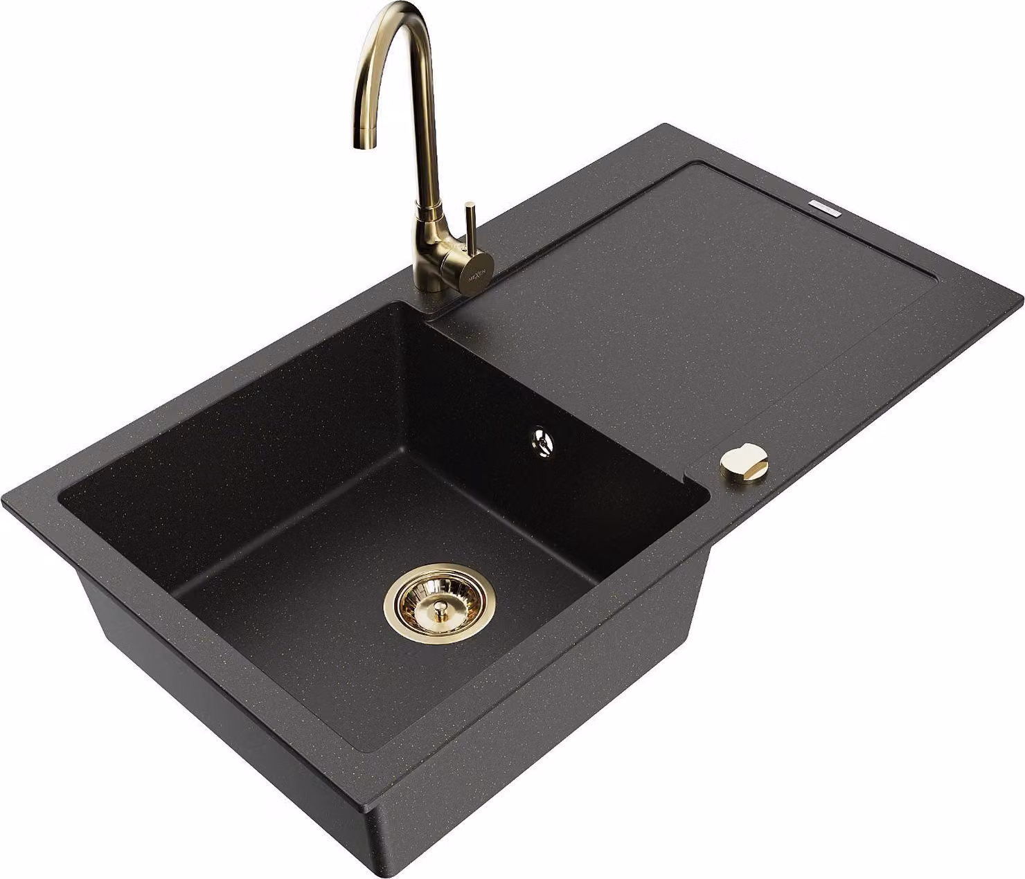 Mexen Leo lavello da cucina in granito 1-vasca con sgocciolatoio e rubinetto Telma, nero/oro metallizzato - 6501-75-670200-50