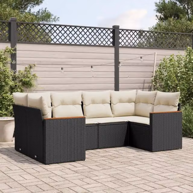Set Divano da Giardino a L vidaXL in Polyrattan Nero con 6 Cuscini Imbottiti e Coperture Rimovibili