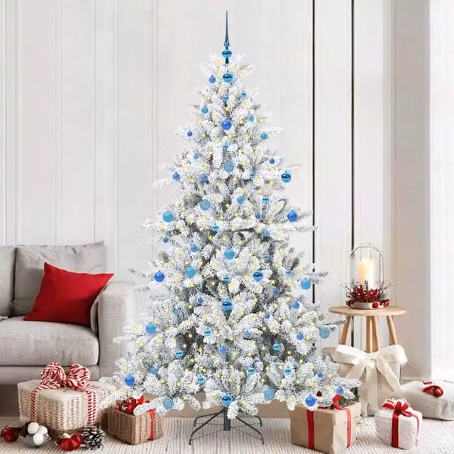 Albero di Natale Artificiale Moderno vidaXL Bianco con Luci LED Warm White e Rami Pieghevoli in PVC e Metallo, Altezza: 210 cm