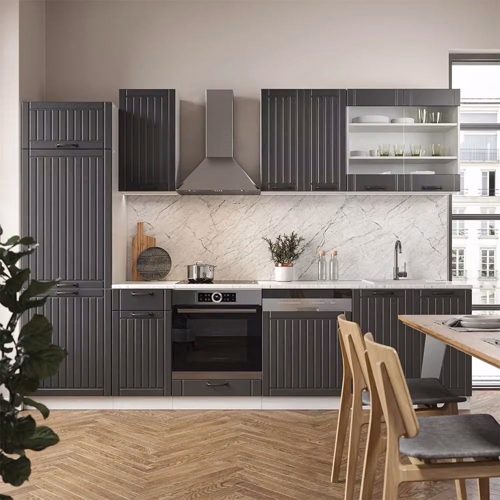 Cucina componibile Fame-Line Vicco stile rustico, colore Antracite e Bianco con piano in marmo, L: 300 cm, H: 206 cm, P: 60 cm – 2