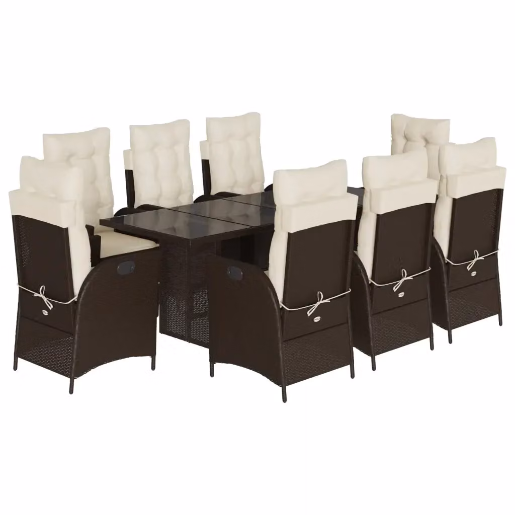Set da Pranzo da Giardino vidaXL in Polyrattan Marrone con Cuscini Bianchi e Tavolo in Vetro 9 Pezzi – 2