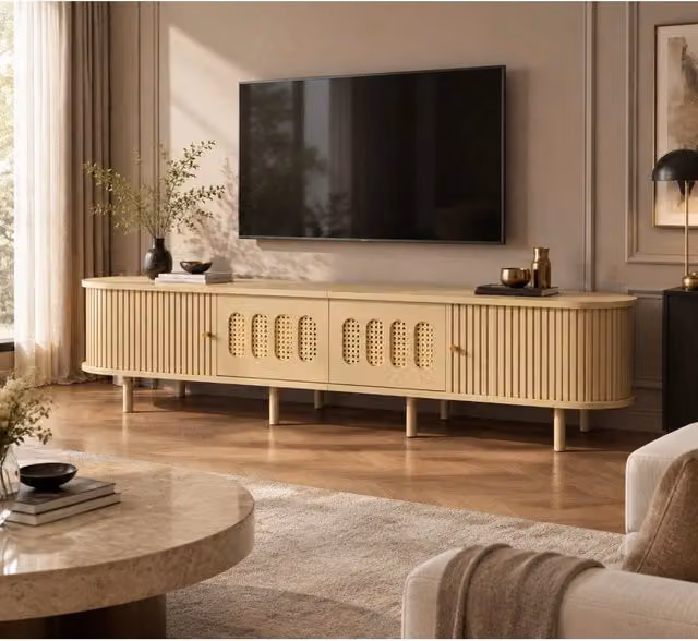 Mobile TV 180x40x40 cm con ante in rattan e avvolgibili in MDF naturale