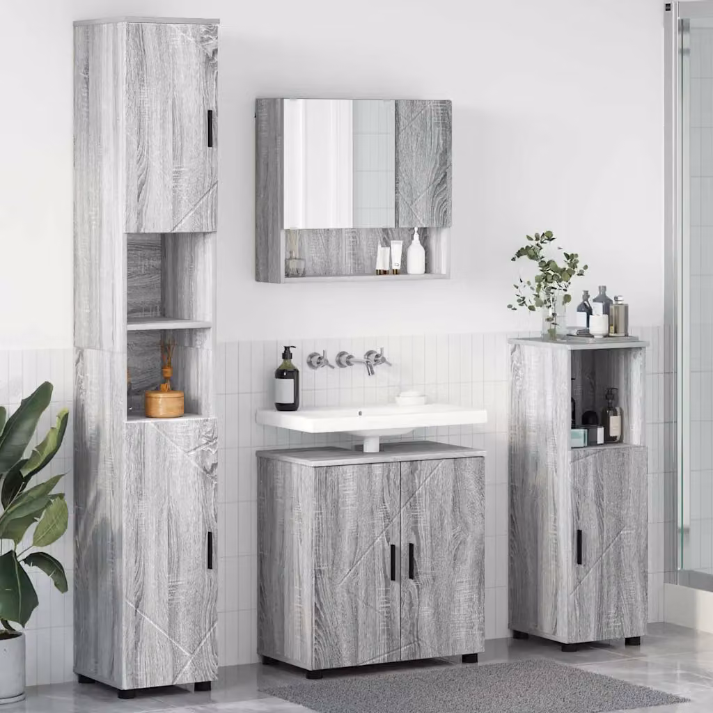 Set di mobili per il bagno vidaXL 4 pezzi Grigio con mobile lavabo, armadietto specchio, colonna e mobile laterale L/P/H: 61 x 35 x 64 cm – 1