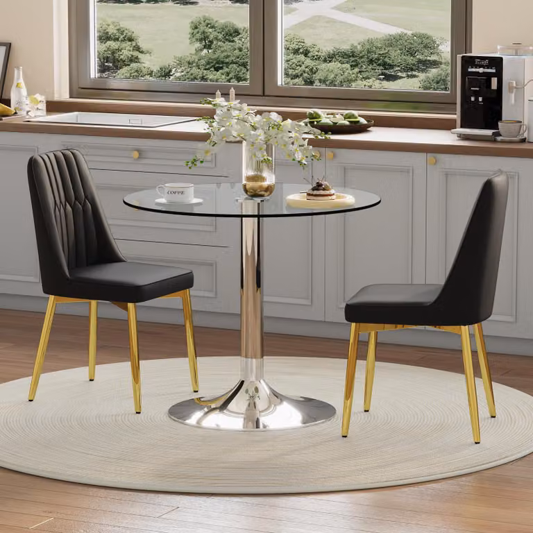 Set da pranzo, tavolo in vetro diametro 85 cm, 2 sedie in poliuretano, gambe dorate (colori: nero e oro, argento)