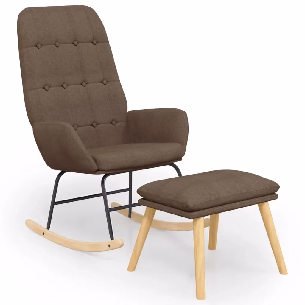 Poltrona a Dondolo con Poggiapiedi vidaXL in Tessuto Beige e Marrone con Struttura in Legno di Gomma e Metallo – 2