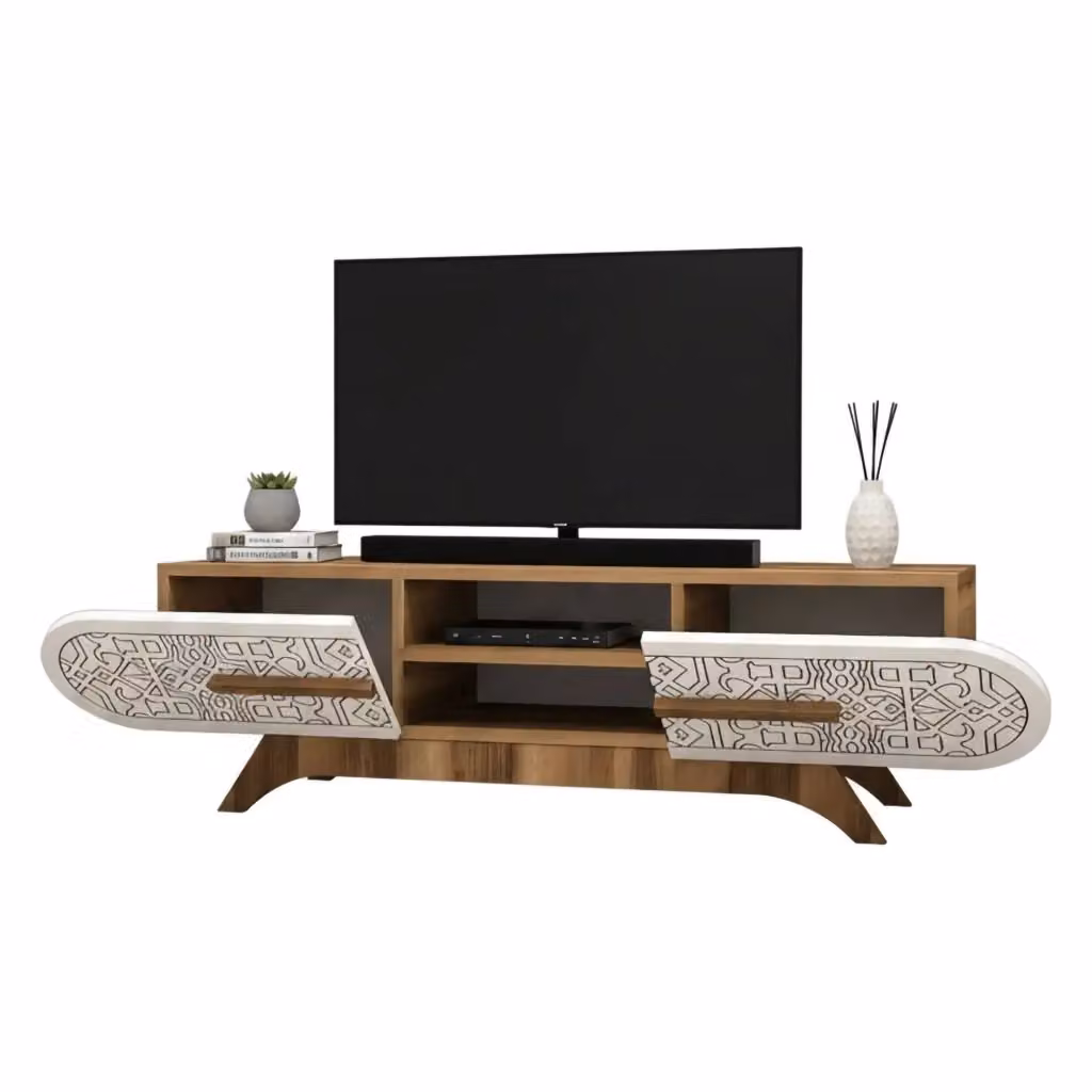 Mobile porta TV Matsu DMORA, Credenza moderna per soggiorno in legno, L: 145 cm, P: 37 cm, H: 37 cm, Noce e Bianco – 2