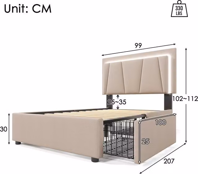Letto singolo imbottito moderno con illuminazione LED e 2 cassetti, L/P/H: 90 x 200 x 102 cm, Beige o Grigio