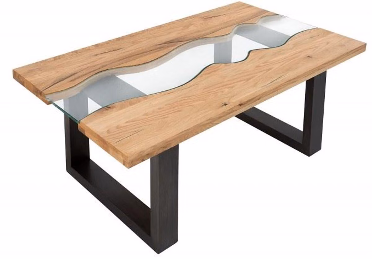Tavolino di design Casa Padrino in legno massello di rovere selvatico con vetro di sicurezza naturale 115cm x H. 45cm - Tavolo da soggiorno Salon