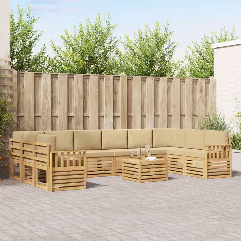 vidaXL Set di divani da esterno a L composto da 8 pezzi con tavolino da caffè, in legno di acacia e tessuto bianco e beige