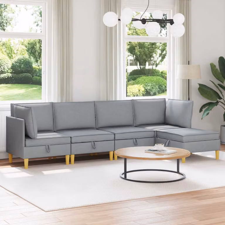 Set di divani modulari vidaXL a forma di L con spazio di archiviazione, 5 pezzi, tessuto grigio con coperture rimovibili