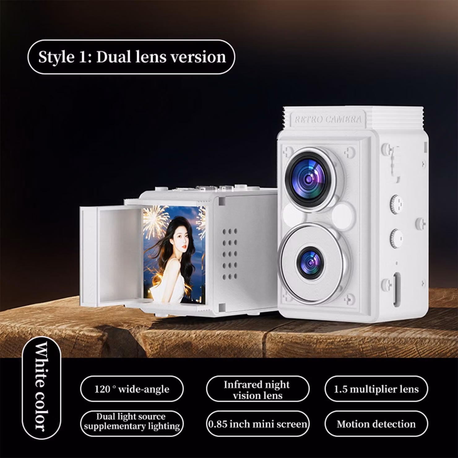 S11 Mini fotocamera CCD retrò a doppio obiettivo, TLR portatile, visione notturna a infrarossi, digitale, bianca