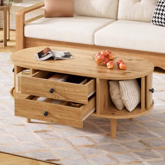 Tavolino da salotto ovale con 2 cassetti e ante scorrevoli rigate, piano ampio per soggiorno, 100×50×40 cm