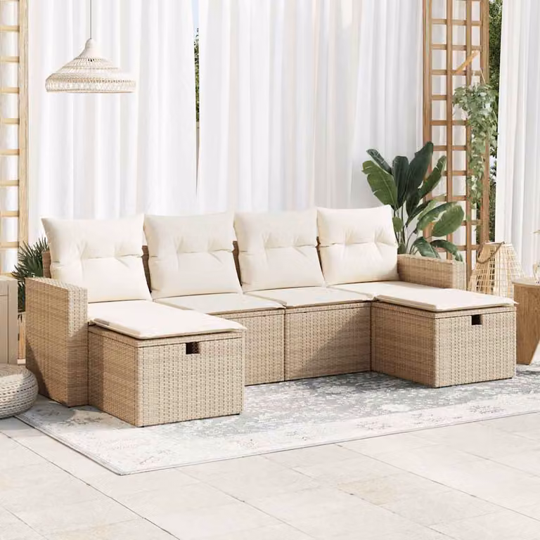 Set Divano da Giardino vidaXL 6 pz in Polyrattan Beige con Cuscini e Ottoman per Terrazza o Giardino