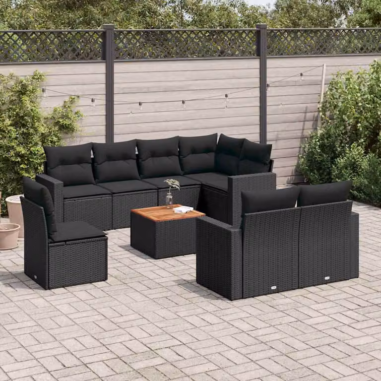 vidaXL Set Divani da Giardino 9 pz in Polyrattan Nero con Cuscini e Tavolino da Esterno