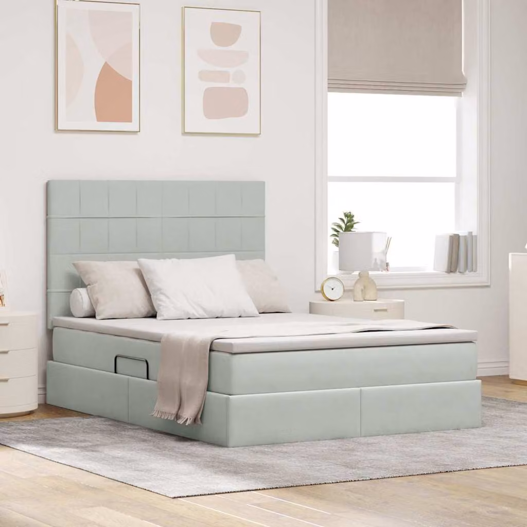Letto moderno vidaXL con contenitore e materasso in tessuto grigio L/P/H: 140 x 200 x 280 cm