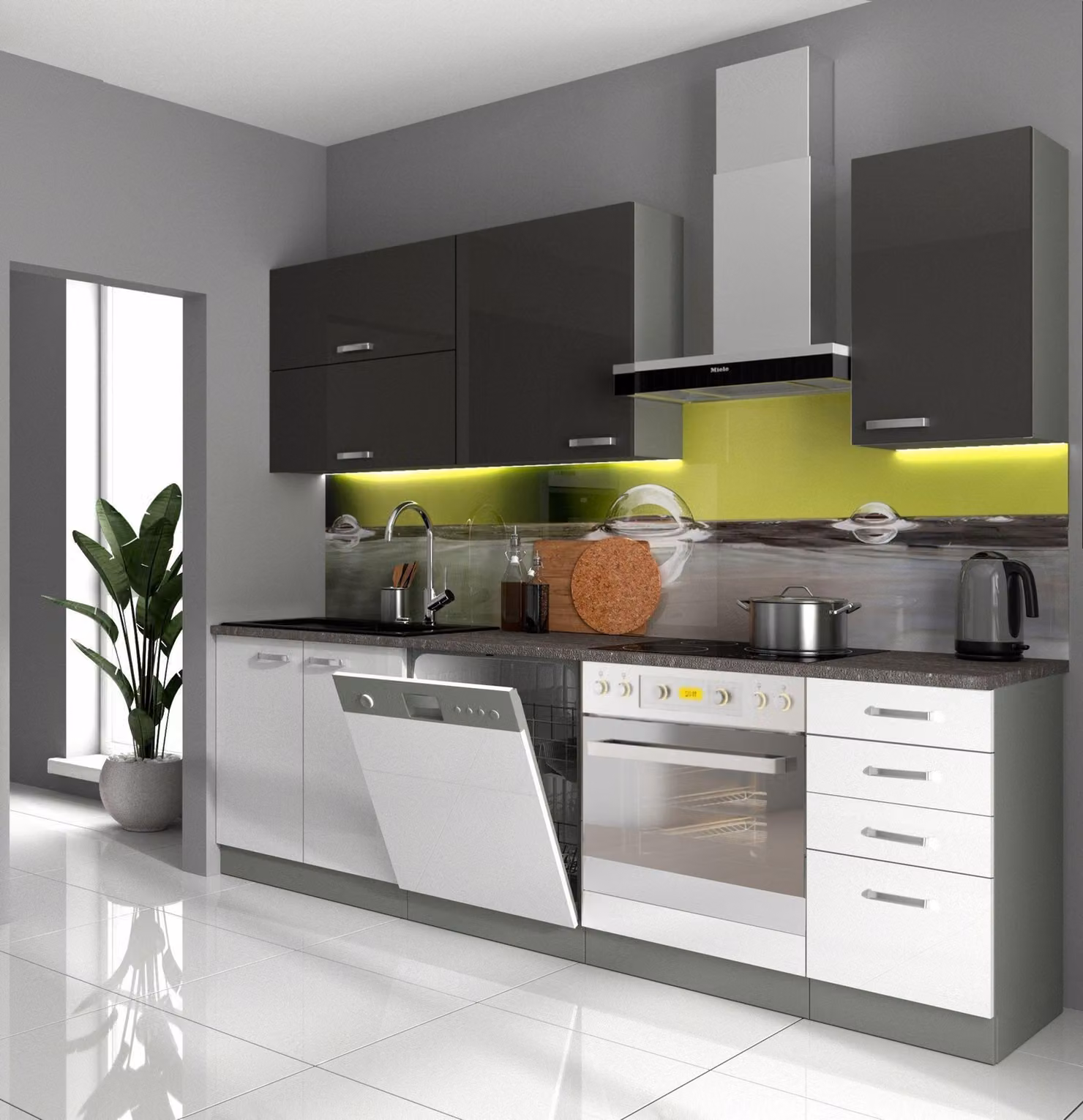 Cucina Bianca Basic V 240, linea cucina in bianco lucido + grigio, cucina componibile Grey