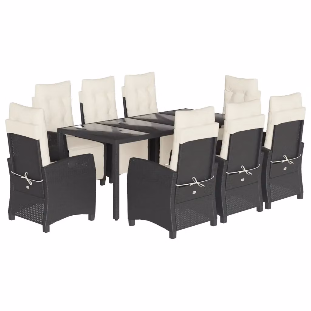 Set da pranzo da giardino vidaXL in polyrattan nero con cuscini e tavolo in vetro, 9 pezzi – 2