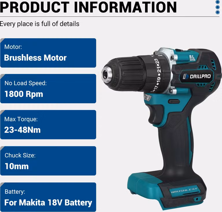 Trapano a percussione da 10 mm, con funzione a percussione, alimentato a batteria da 18V, dotato di motore brushless