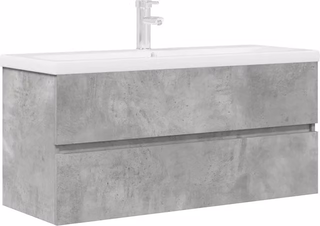 Set Mobili da Bagno Moderno in Legno e Ceramica Grigio e Bianco con Mobile Lavabo e Pensile a Parete
