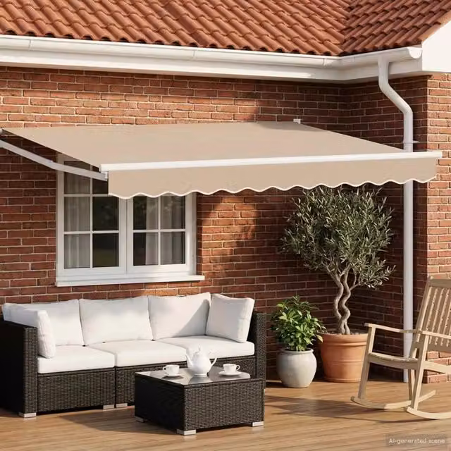 Tenda retrattile manuale con LED-Tenda parasole per balcone Beige e Bianco 3,5 x 2,5 m