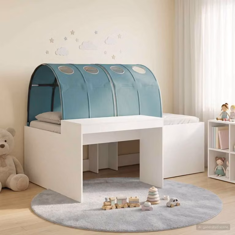 Letto alto per bambini vidaXL con scrivania, set da 3 pezzi in legno MDF, Bianco e azzurro, L: 193 cm, P: 120 cm, H: 133,5 cm