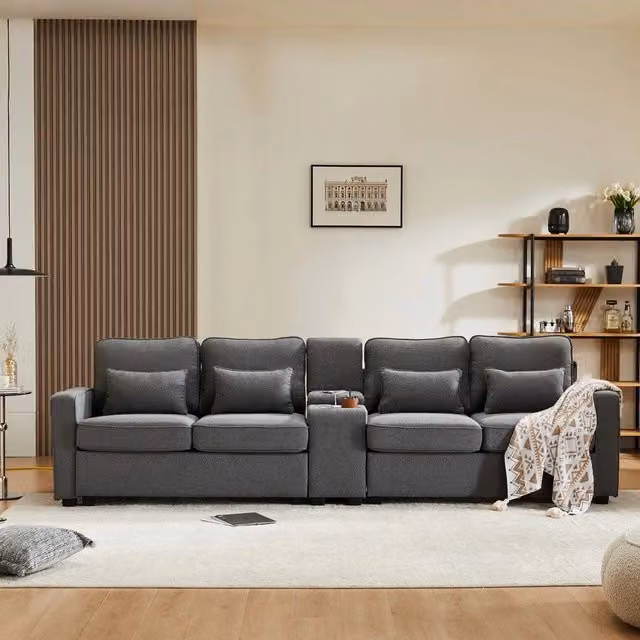Divano 4 posti con cuscini ¨C Minimal ¨C tessuto grigio chiaro, braccioli con portaoggetti e porte USB