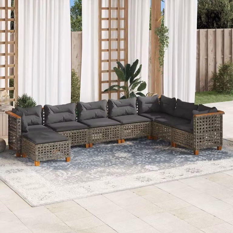 vidaXL Set Divano da Giardino 8 pz a Forma di L in Polyrattan Grigio con Cuscini Imbottiti e Coperture Rimovibili