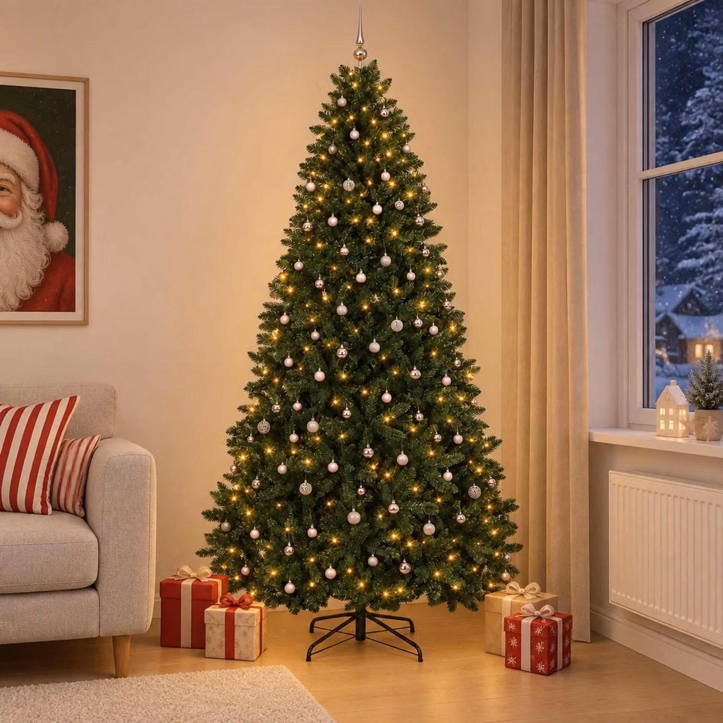 Albero di Natale artificiale, color verde scuro, con decorazioni a forma di palline, altezza 270 cm
