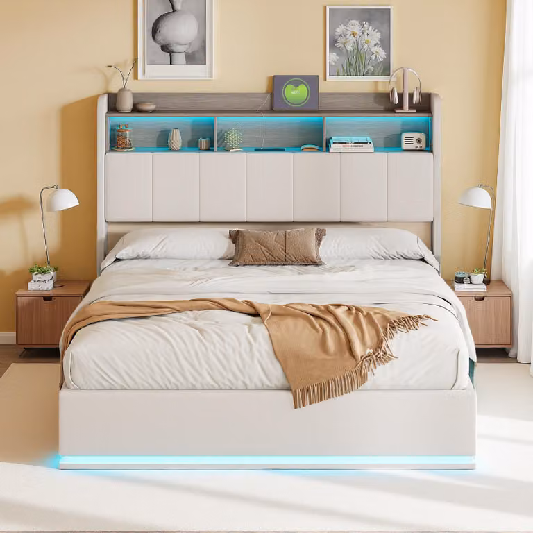 Letto in velluto bianco 140x200cm con striscia LED integrata, testata con contenitore e illuminazione - Design moderno e funzionale
