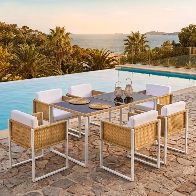 Set tavolo e sedie da giardino in polirattan per 6 persone, con rivestimenti in tessuto removibili e lavabili