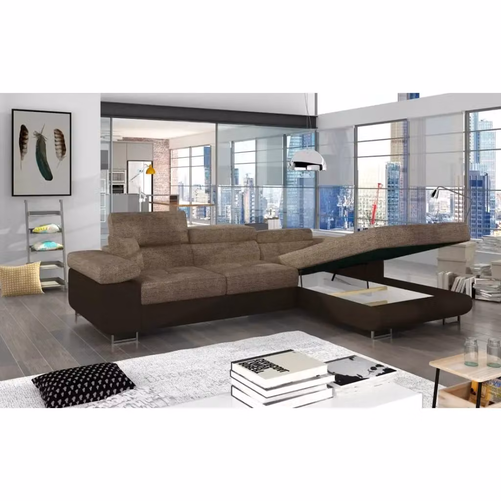 Divano angolare convertibile AMANDA MEUBLORAMA beige e marrone con funzione letto e poggiatesta regolabile, angolo destro, L 280 x P 149 x H 90 cm – 2
