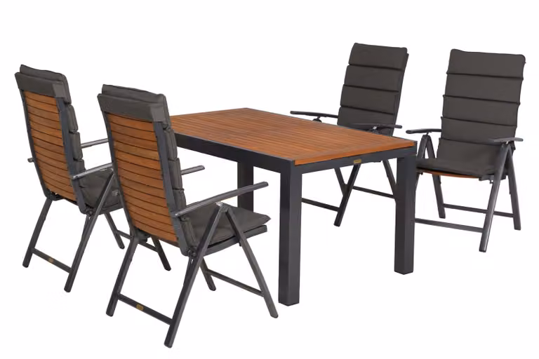 Set di mobili da giardino Merxx Santorin, 9 pezzi, 4 sedie pieghevoli con cuscini inclusi, tavolo allungabile 150 (200) x 90 cm - Alluminio/Acacia