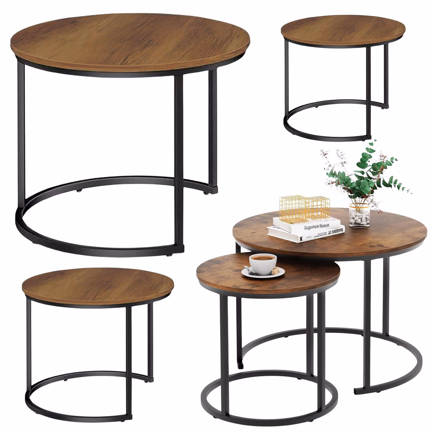 Set di tavolini da caffè rotondi 3 in 1 vintage in legno naturale 51 cm 40 cm 30 cm
