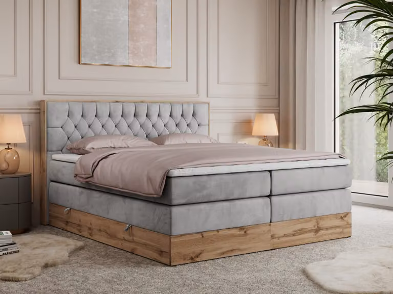 Letto continentale Boxspring AMORE KING con contenitore - 160x200 cm - Materasso H3 - Grigio chiaro Samet - Topper T25